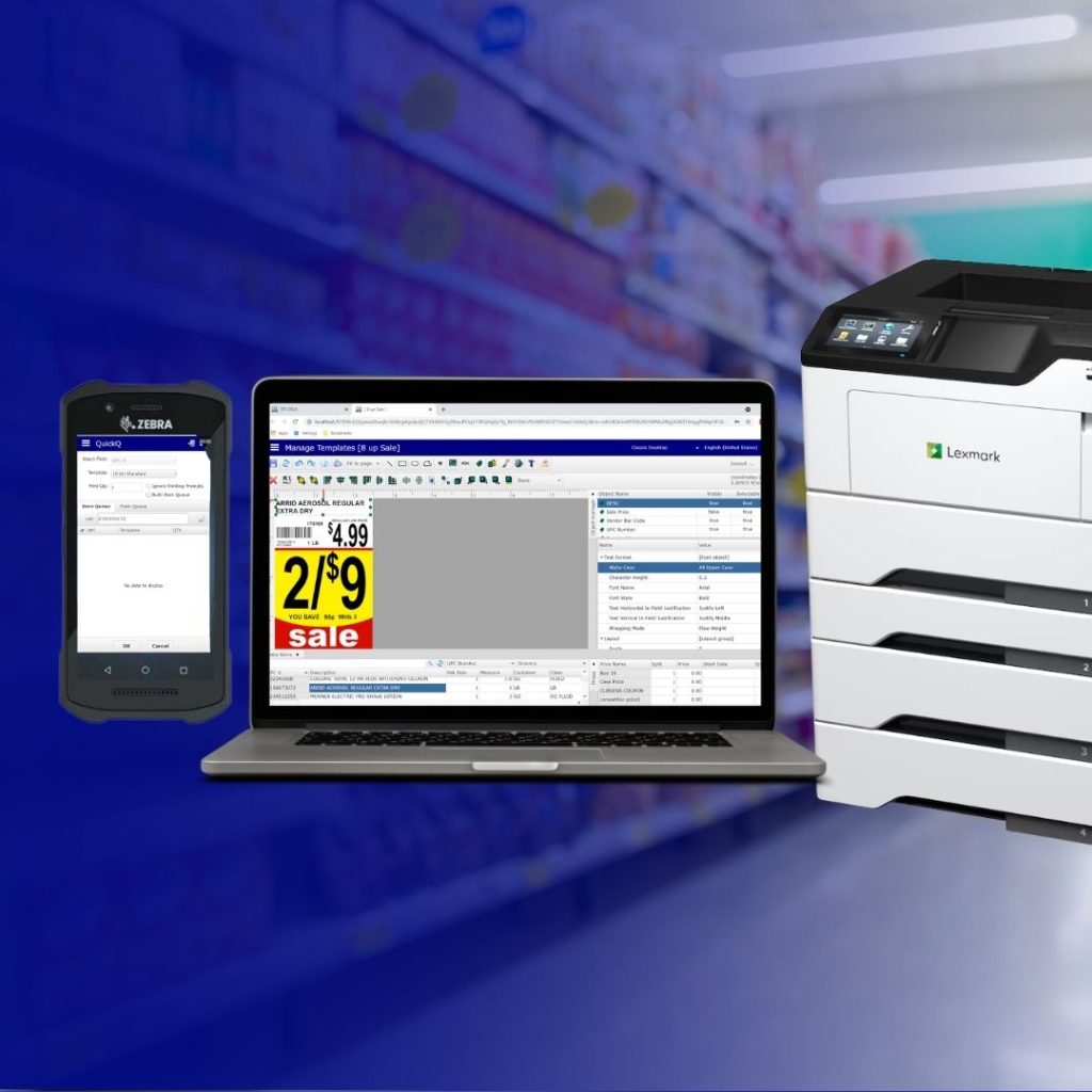 DESIGN‑R‑LABELS on a laptop, phone and laser printer